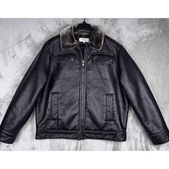 Calvin Klein Bomber Jacket Black Faux Leather Faux Fur Lined Men's Size XL - Picture 2 of 13